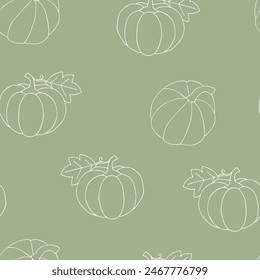 Contour drawing of a pumpkin on a green background. Seamless pattern. White on green, hand-drawn. Background for paper, cover, textile, dishes, interior decor.