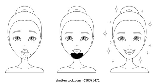 Contour drawing of a sad face of a girl with acne, with a black cosmetic mask and how the effect of pure skin and her smile