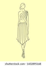 The contour drawing of the silhouette of a tender, young, beautiful elegant girl is dressed in a classic dress with matched hair with a long skirt below the knee and one shoulder blouse with sandals 