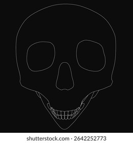 Contour drawing of a skull with clean, bold lines and intricate details, showcasing the anatomical structure. The minimalist black and white design highlights the shape and symmetry.