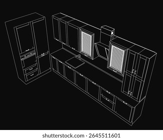 Contour drawing of a sleek modern kitchen with a sink, cupboards, and utensils, set against a dark background for dramatic contrast. The minimalist black and white style highlights clean lines.