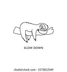 Contour drawing of sleeping sloth lying on the branch. Cute jungle animal vector illustration. 