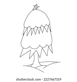 Contour drawing of a snow-covered Christmas tree. Coloring book for children. Children's drawing style
