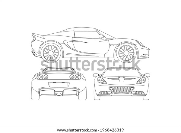 contour drawing of a sports car, view from\
different sides. Lotus\
Elise.