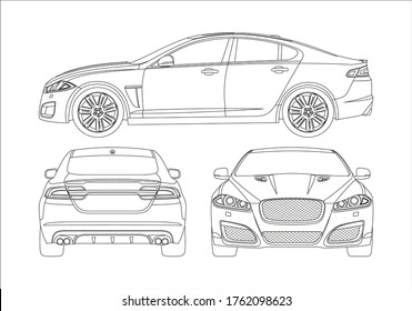 contour drawing of a sports sedan, view from three sides. Jaguar XFR in the 1st generation.