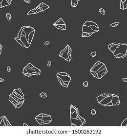 Contour drawing stone on black background. Seamless pattern. Vector illustration.