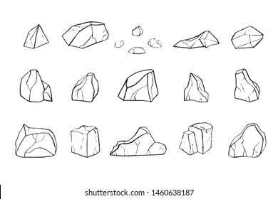 Contour drawing stone set. Vector illustration. Different rock blocks.