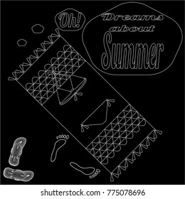  
Contour drawing of summer landscape. Beach, towel, swimsuit, flip flops. Text-Oh, dreams about summer.