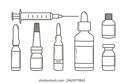 Contour drawing of syringe, glass ampoules and bottles. Medical and cosmetology equipment. Face lifting, filling, anti aging concept. Black line vector illustrations.