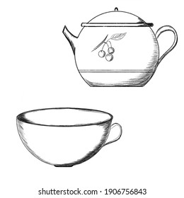 Contour drawing of a teapot for tea and a cup on a white background. Sketch. Pencil drawing on paper. Vector. Isolated object.