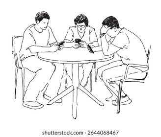 Contour drawing of three casual modern male friends sitting at table in summer street cafe and looking at smartphones, realistic hand drawn doodle vector illustration isolated on white