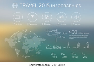 Contour drawing of travel infographic presentation template on unfocused background. Vector infographic travel presentation template for flight by airplane, car trip to europe with graphic elements.