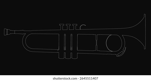 Contour drawing of a trumpet in bold black and white, featuring clean lines and elegant curves against a dark background. The minimalist design highlights the instrument's iconic shape with striking.