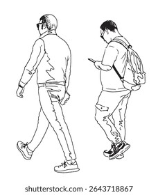 Contour drawing of two casual modern men pedestrians with smartphones walking outdoors, side view, realistic hand drawn vector illustration isolated on white