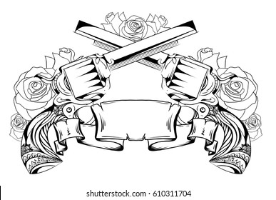 Contour drawing of two revolvers, roses and scroll. Duel. Vector element for sketching tattoos, printing on T-shirts and your design