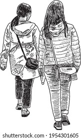 Contour drawing of two teen girls walking outdoors together