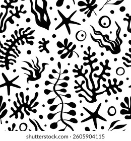Contour drawing of underwater elements, seaweed, coral, seamless pattern, vector design