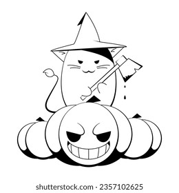 contour drawing in vector, a cat with an ax in its paws on pumpkins, autumn holiday