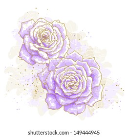 The contour drawing violet roses on white background. Watercolor style. Can be used as background for wedding invitation cards.