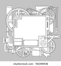 Contour drawing of white complex fantastic machine. Steampunk style template, poster and techno symbol. Pattern for coloring book. Vector illustration