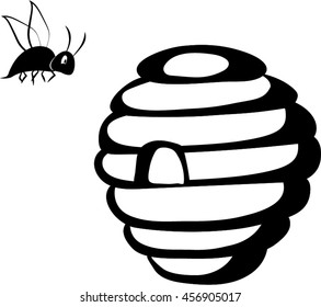 contour drawing of wild beehive with bee isolated on white background