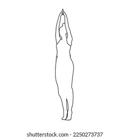 Contour drawing of a Woman doing yoga asana on toes with hands raised up. Healthy lifestyle. Isolate