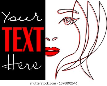 contour drawing woman with red lipstick and text template