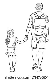 Contour drawing of young father with his little daughter going for a walk