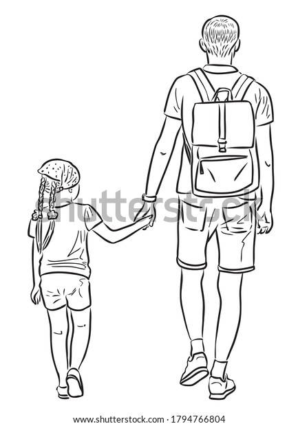 Contour Drawing Young Father His Little Stock Vector (Royalty Free ...