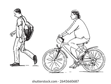 Contour drawings of alone casual man pedestrian with backpack walking and one townswoman cyclist riding bicycle on city street, side view, realistic hand drawn vector illustration isolated on white