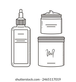 Contour drawings of cosmetic products. Serum and cream outline icons. Skincare and beauty routine. Simple black line vector illustration. Cosmetology equipment