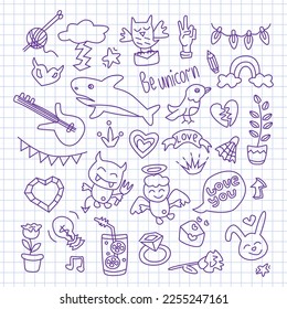 Contour drawings doodle set about love, kisses, travel, fantasy, and leisure. Outline Vector Illustration on white background.