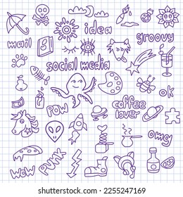 Contour drawings doodle set about love, kisses, travel, fantasy, space and leisure Outline Vector Illustration on white background