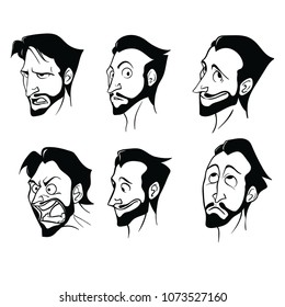 Contour drawings of the emotions of a bearded man