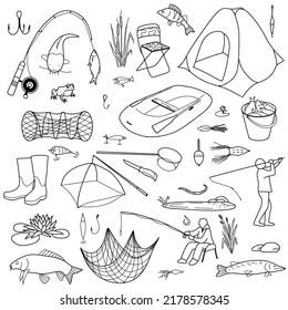 contour drawings, fishing elements set. fisherman, fishing rod, landing net, fish, tent, inflatable boat, bucket with fish, keys, bait yater net lake boots floats