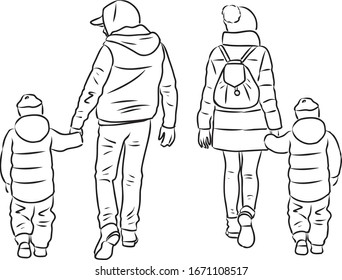 Contour drawings of parents with their kids going on a stroll