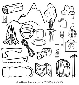contour drawings, set of elements for hiking, camping mountains, wood, backpack, map, sleeping bag, ax saw fire rope camera flashlight dishes compass first aid kit