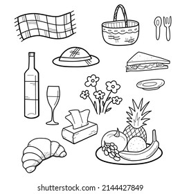 contour drawings, a set of picnic elements a basket, a plaid, fruits, dishes, a sandwich, a croissant, a bottle with a glass, napkins, a hat