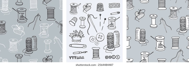 Contour drawings of sewing tools set, seamless patterns of  threads spools and needles, background, paper, wallpaper, vector illustration