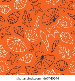 Contour drawings of shells. Starfish, corals and shells hand-painted on an orange background. Seamless vector pattern.