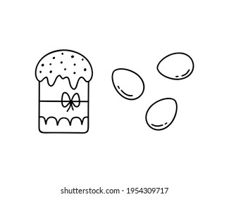 Contour easter cake with bow and single eggs. Black hand drawn icons set. Traditional symbol of religious holiday. Doodle isolated vector on white background