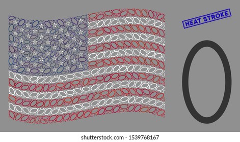 Contour ellipse icons are arranged into USA flag stylization with blue rectangle distressed stamp seal of Heat Stroke phrase.