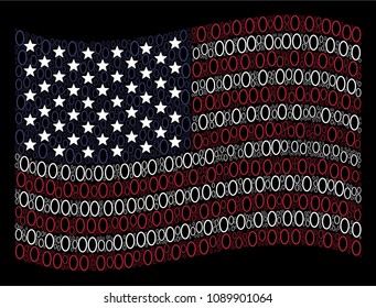 Contour ellipse pictograms are composed into waving American flag stylization on a dark background. Vector composition of America state flag is constructed from contour ellipse items.