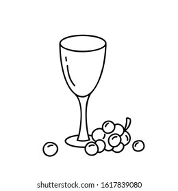 Contour empty glass with grapes. Doodle vector image. Hand drawn vertical drink concept. Outline illustration of wine. Cartoon icons on white background