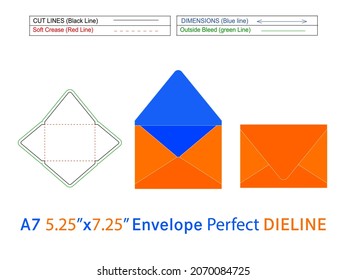  Contour envelope or A7 5.25x7.25 inch dieline template and 3D envelope Editable easily resizable