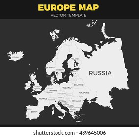 contour Europe map design Vector Illustration. Empty template with country names text. Isolated on black background