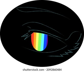 The contour of the eye on a black oval background. The iris of the eye is painted in rainbow colors. LGBT symbol.