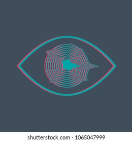 contour eye on a dark background with a 3D effect, stereochrome and with a glitch effect