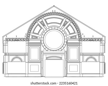 The contour of the facade of the church from black lines isolated on a white background. Decorative facade of the building. Front view. Vector illustration.