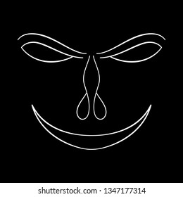 Contour face drawing, sketch, graphic. Black and white cartoon face. Abstract face symbol, icon black background.